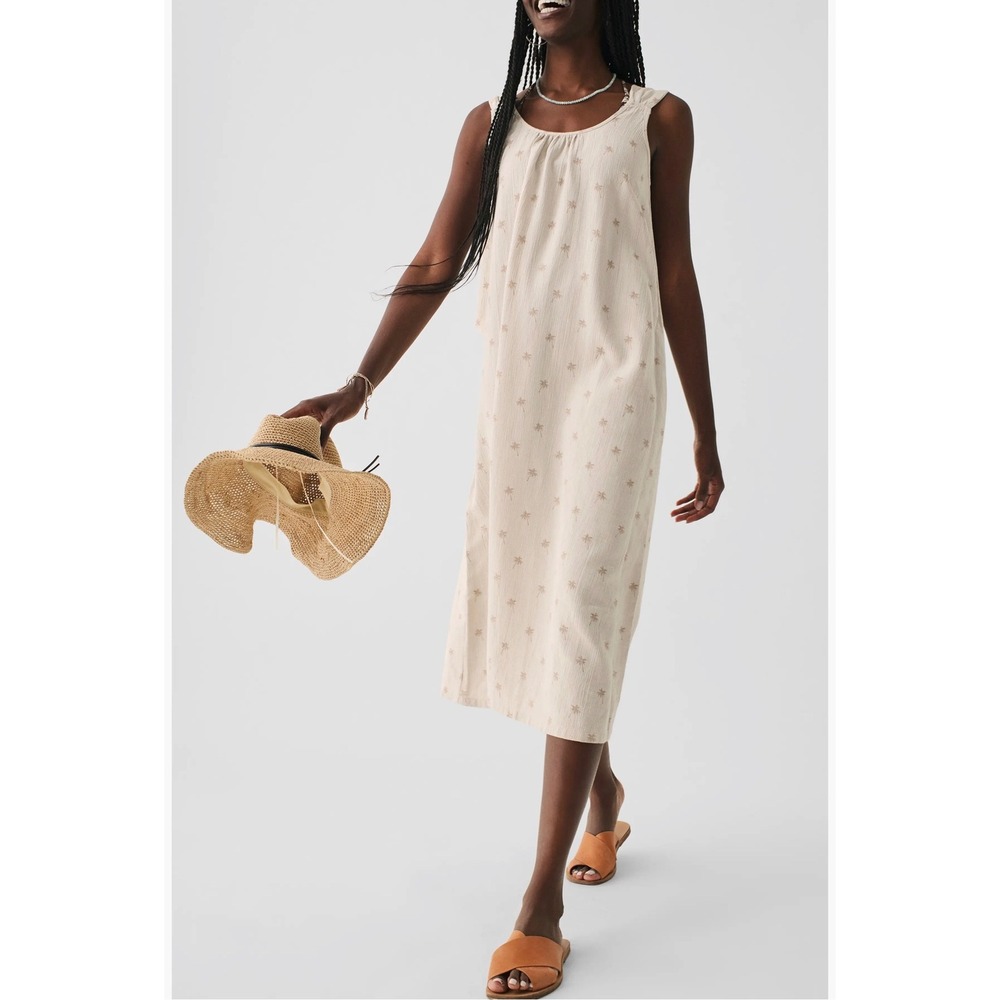 Faherty Palm Embroidered Midi Dress Coastal Cream Beige M Tie Shoulder